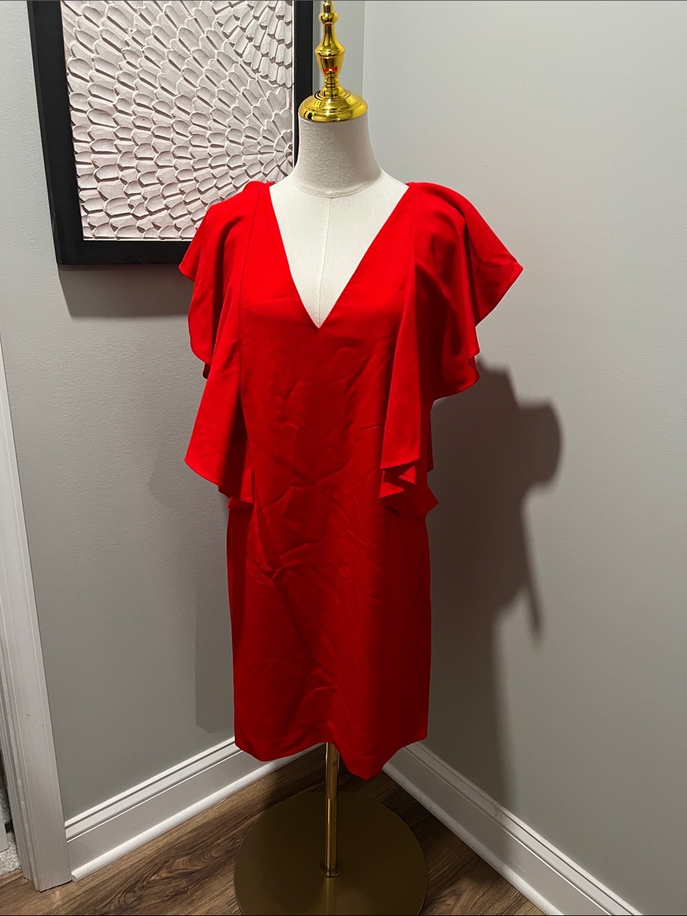 Red V-Neck Ruffle Sleeve Sheath Dress